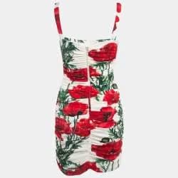 Dolce & Gabbana White/Red Floral Print Silk Ruched Mini