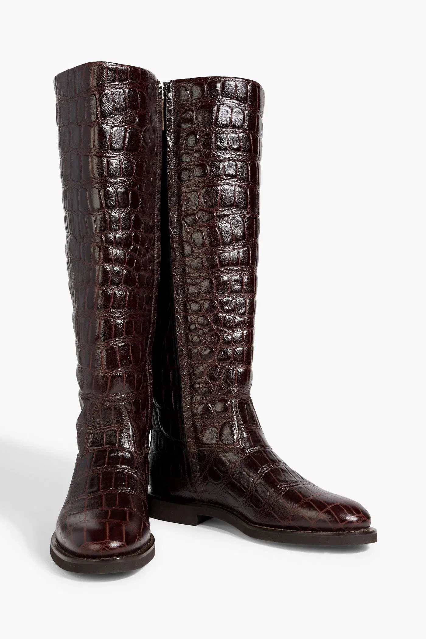 Brunello Cucinelli Croc-Effect Leather Knee Boots Merlot Women's