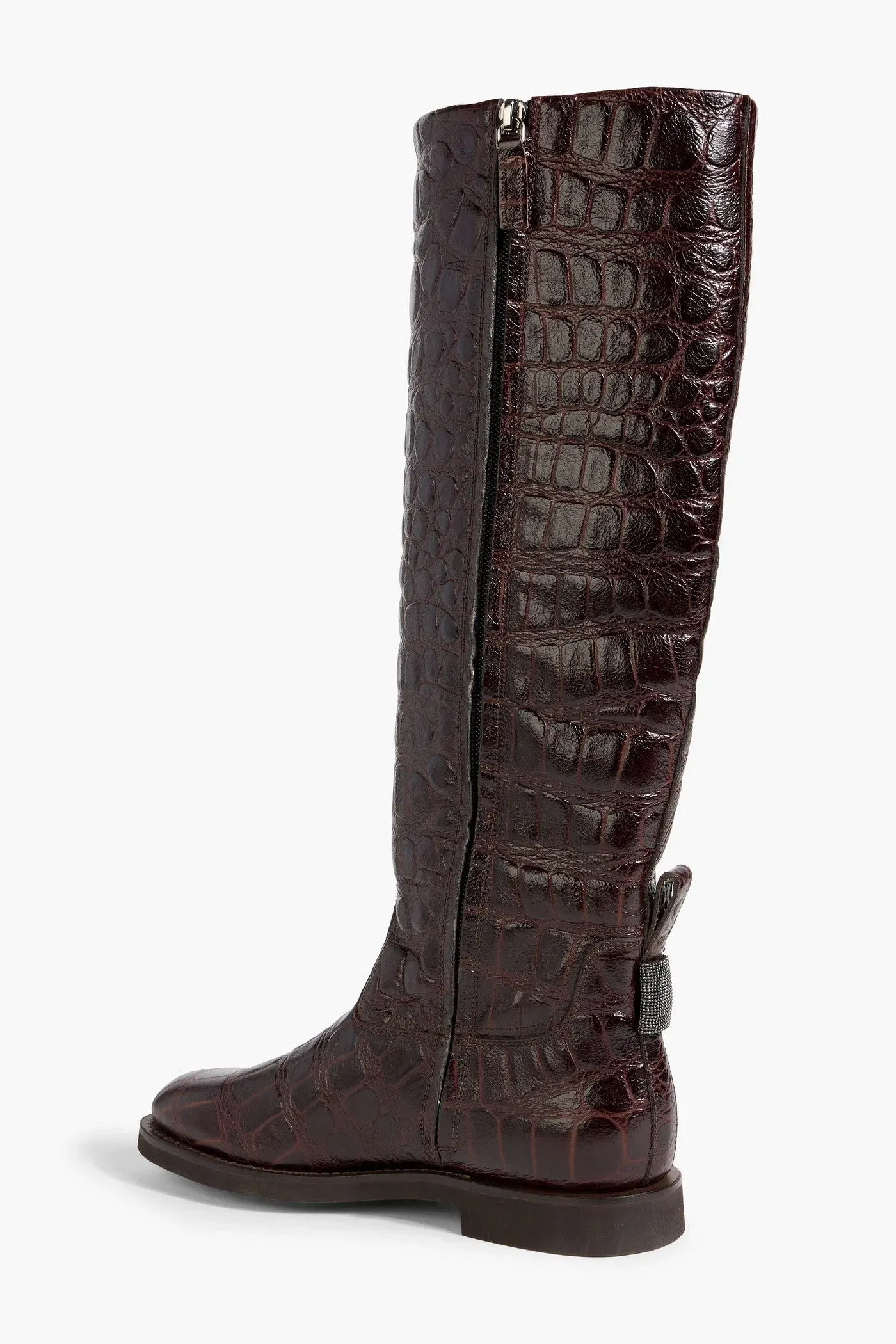 Brunello Cucinelli Croc-Effect Leather Knee Boots Merlot Women's