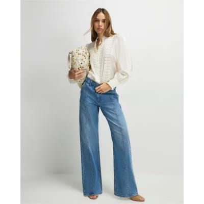 Blue Relaxed Straight Scallop Seam Jeans
