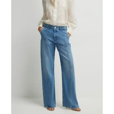 Blue Relaxed Straight Scallop Seam Jeans