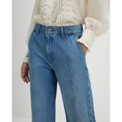 Blue Relaxed Straight Scallop Seam Jeans