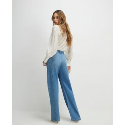 Blue Relaxed Straight Scallop Seam Jeans