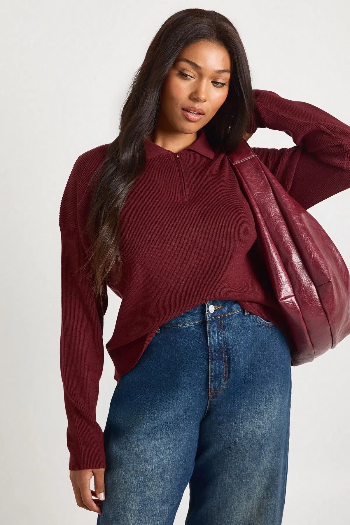 Plus Premium Long Sleeve Collared Rib Knit Top