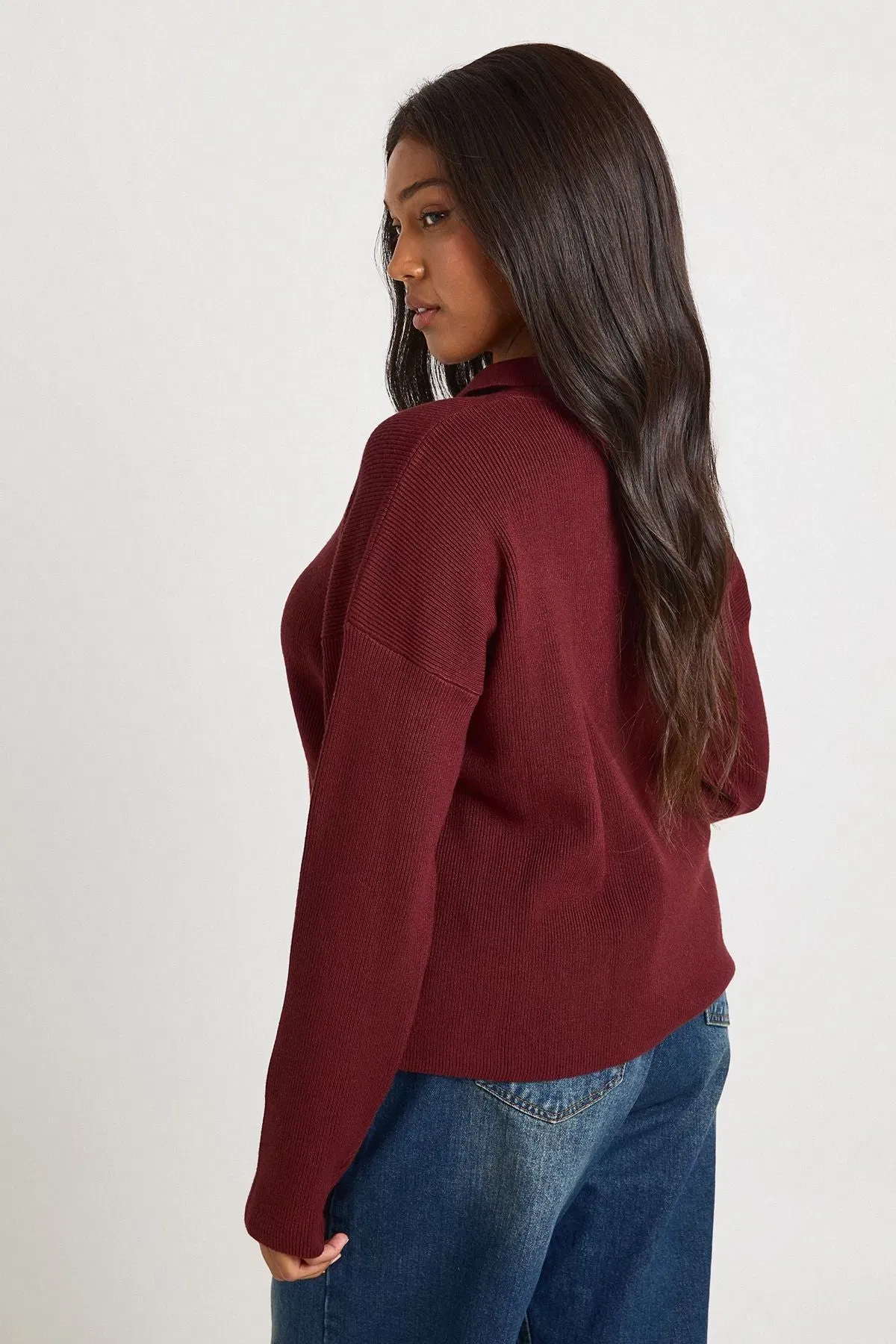 Plus Premium Long Sleeve Collared Rib Knit Top