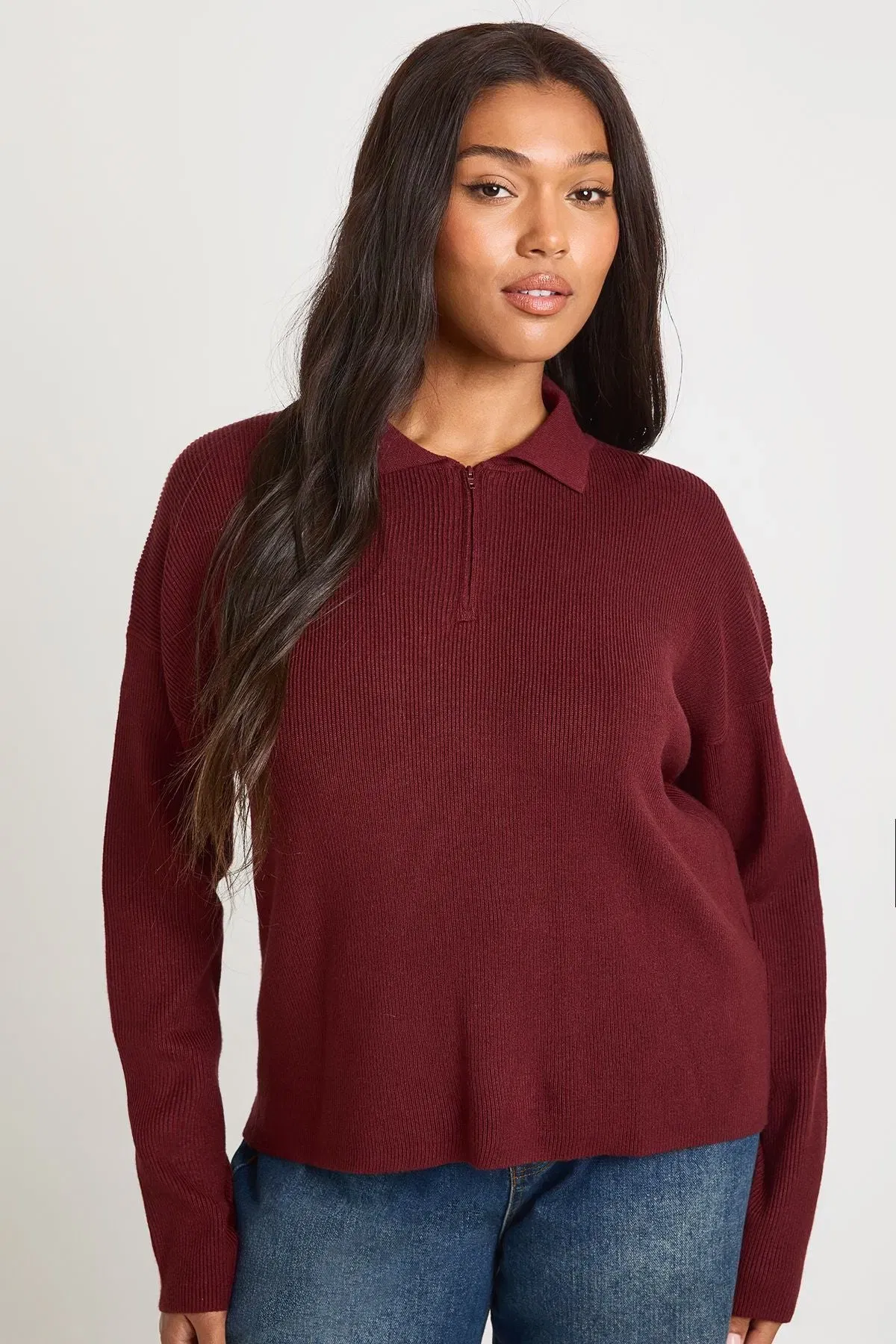 Plus Premium Long Sleeve Collared Rib Knit Top