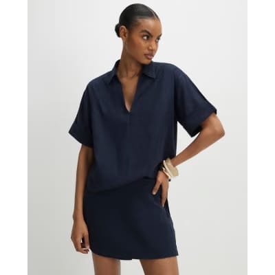 Navy Linen Blend Short Sleeve Shirt