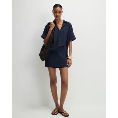 Navy Linen Blend Short Sleeve Shirt