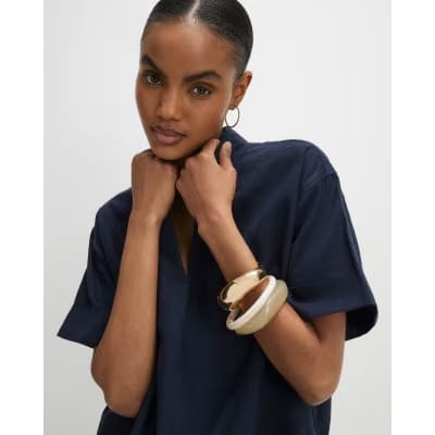 Navy Linen Blend Short Sleeve Shirt