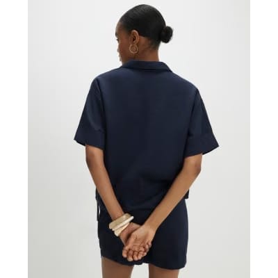 Navy Linen Blend Short Sleeve Shirt