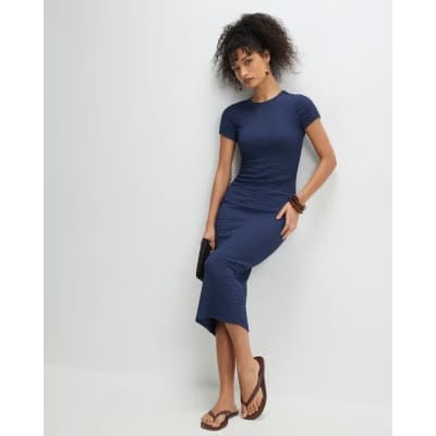 Blue Short Sleeve Textured Midi Dress