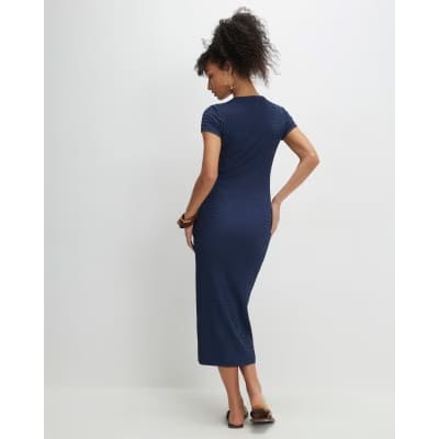 Blue Short Sleeve Textured Midi Dress