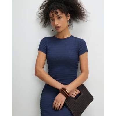 Blue Short Sleeve Textured Midi Dress