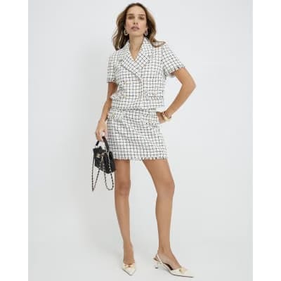 Cream Boucle Checked Mini Skirt