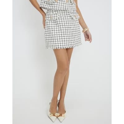 Cream Boucle Checked Mini Skirt