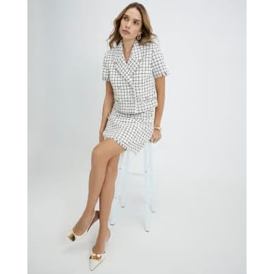 Cream Boucle Checked Mini Skirt