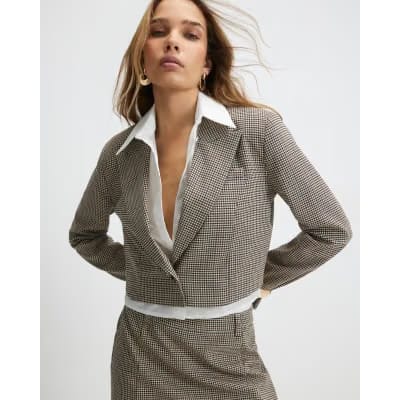 Brown Check Hybrid Cropped Blazer