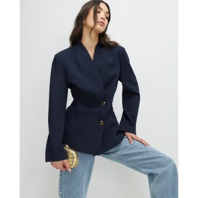 Navy Collarless Blazer