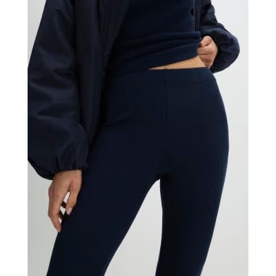 Navy High Waisted Ribbed Flare Leggings