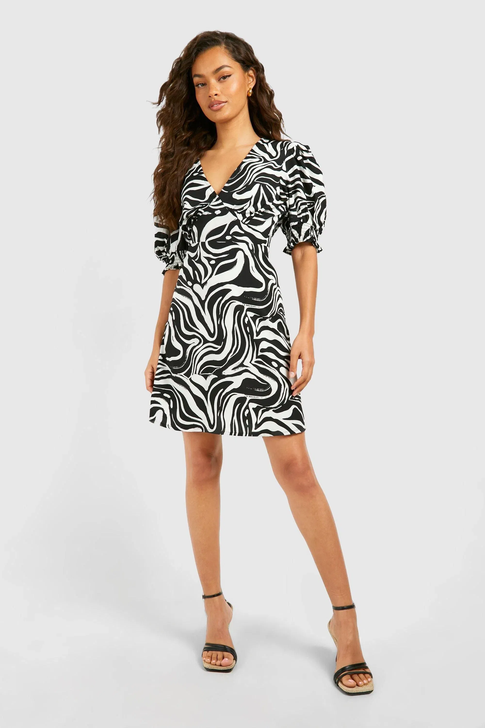 Zebra Puff Sleeve Smock Dress