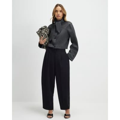 Black Pleated Barrel Leg Trousers