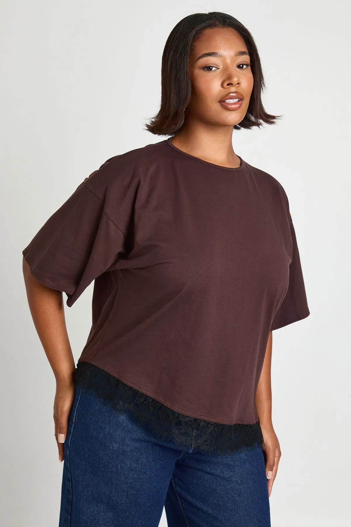 Plus Lace Asym Trim Oversized T-Shirt