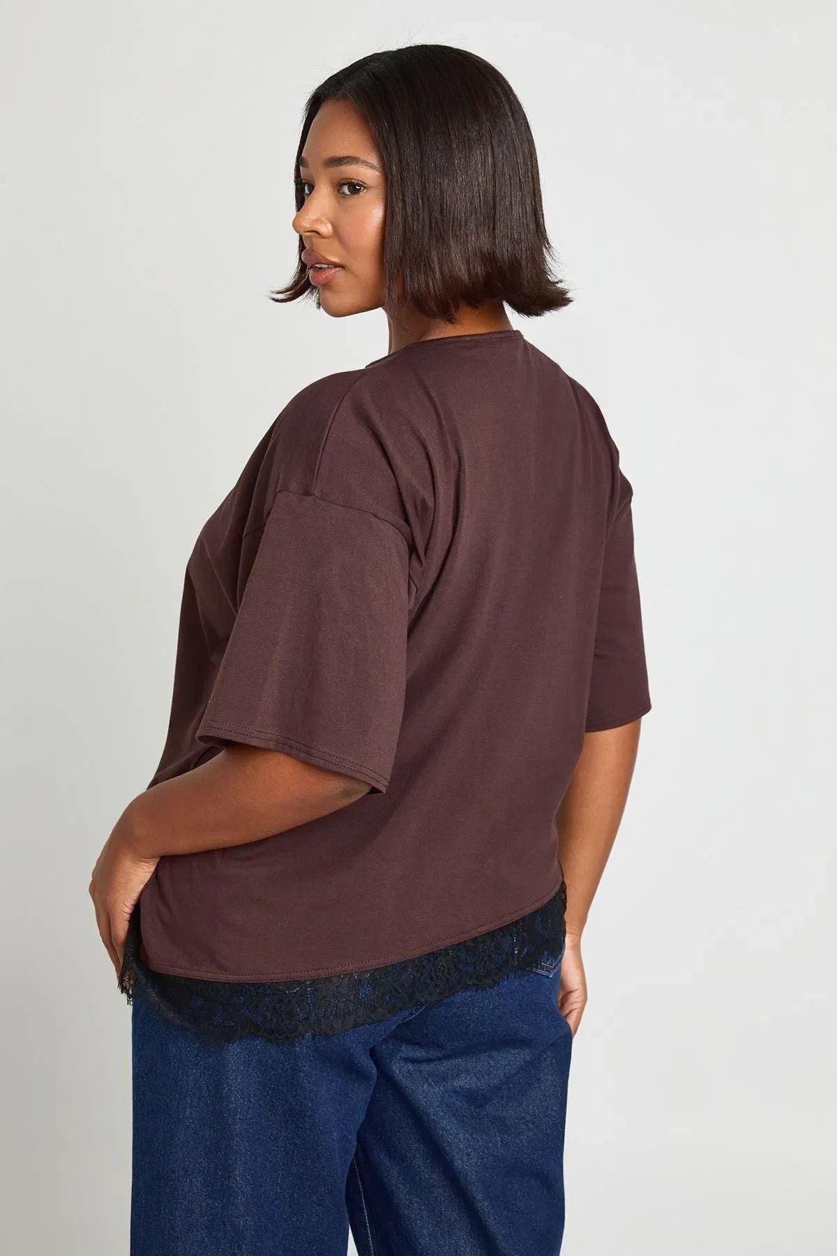Plus Lace Asym Trim Oversized T-Shirt