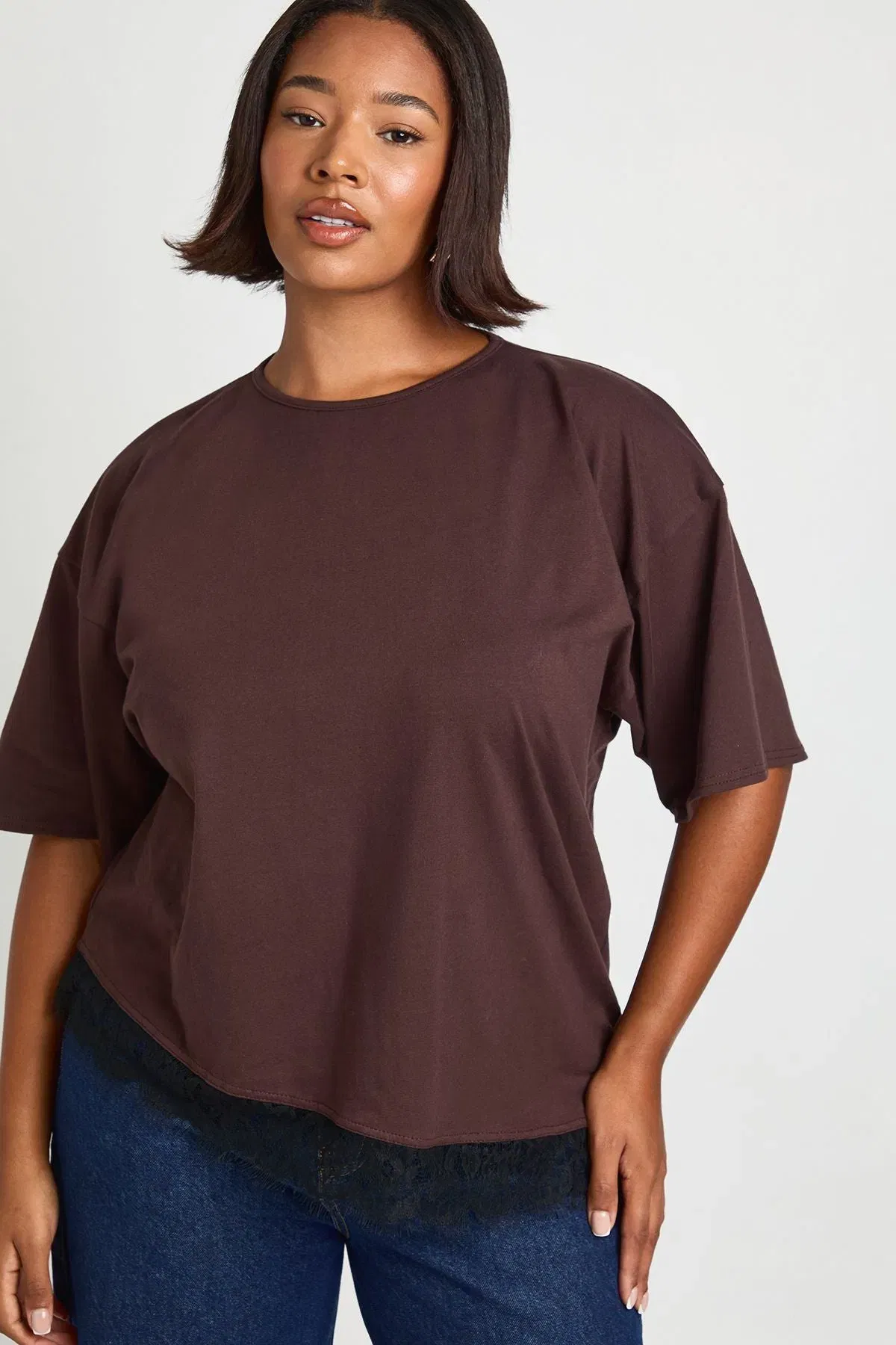 Plus Lace Asym Trim Oversized T-Shirt