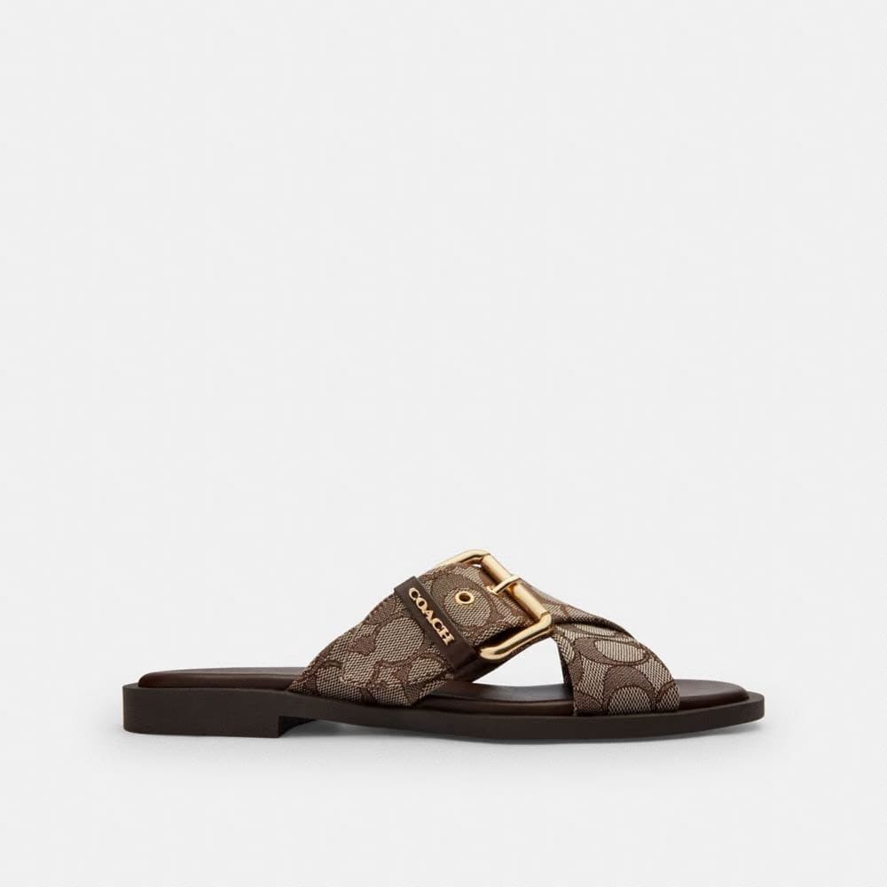 Women's Coach Crisscross Buckle Sandal In Signature Jacquard Oak Maple