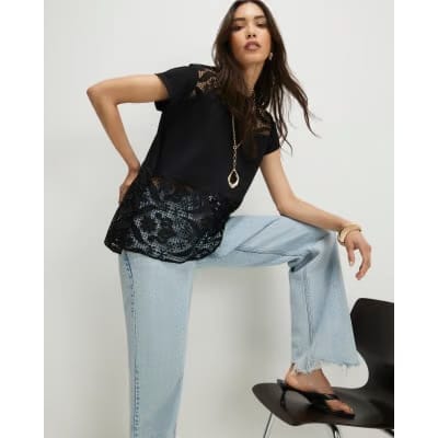Black Spliced Lace T-Shirt