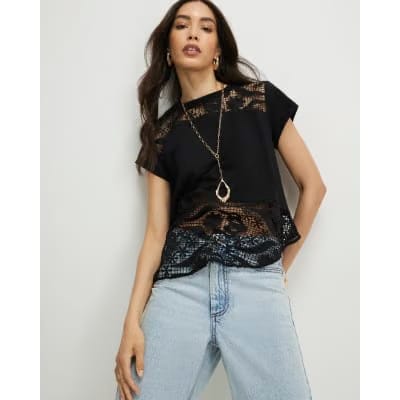 Black Spliced Lace T-Shirt