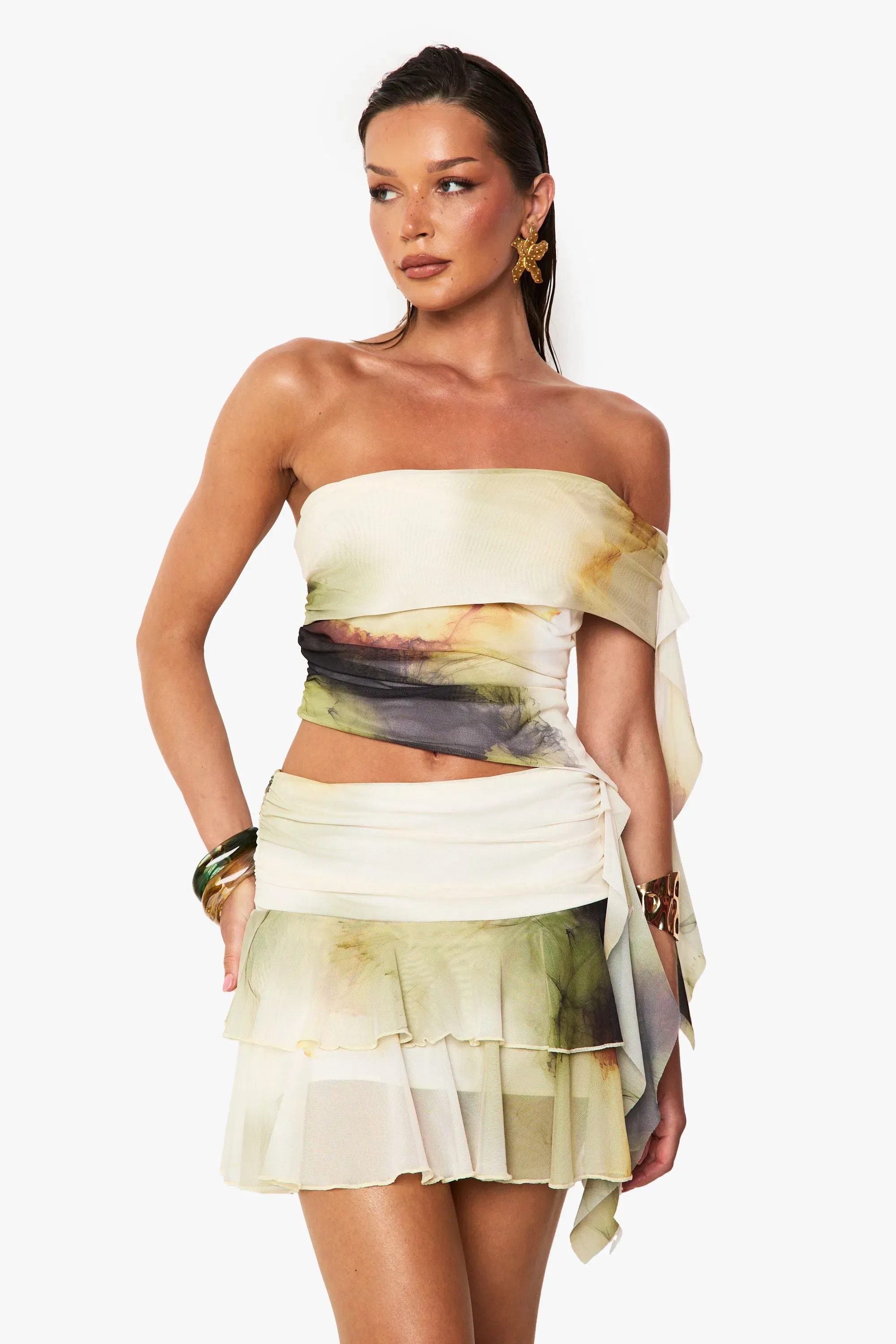 Printed Mesh Frill Hem Mini Skirt
