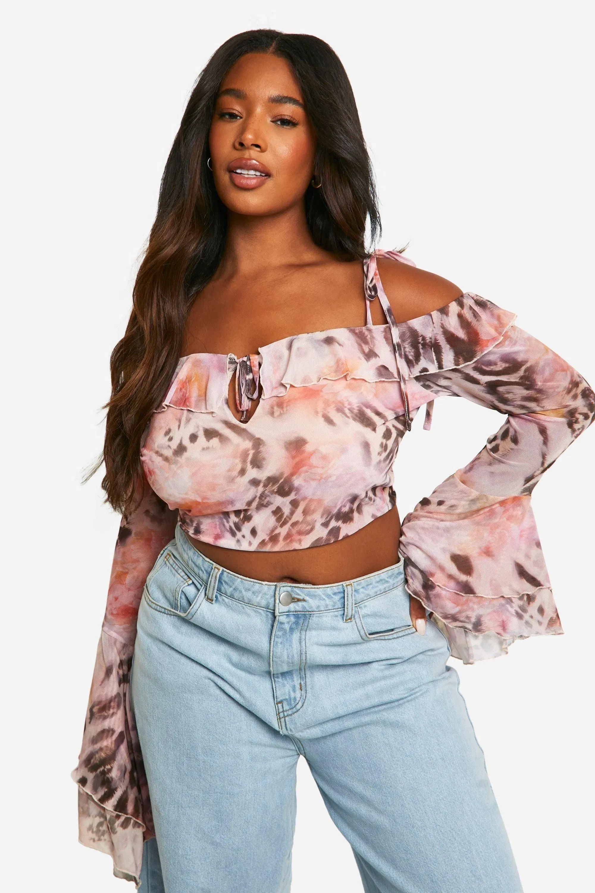 Plus Leopard Mesh Ruffle Top