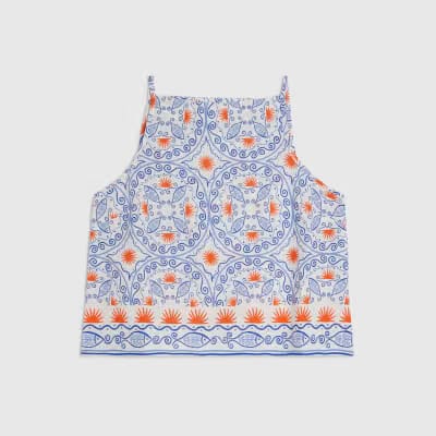 Petite Blue Printed Linen Blend Tank Top