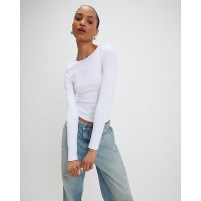 White Cotton Long Sleeve Fitted Top