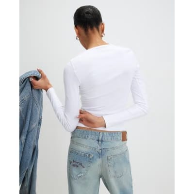 White Cotton Long Sleeve Fitted Top