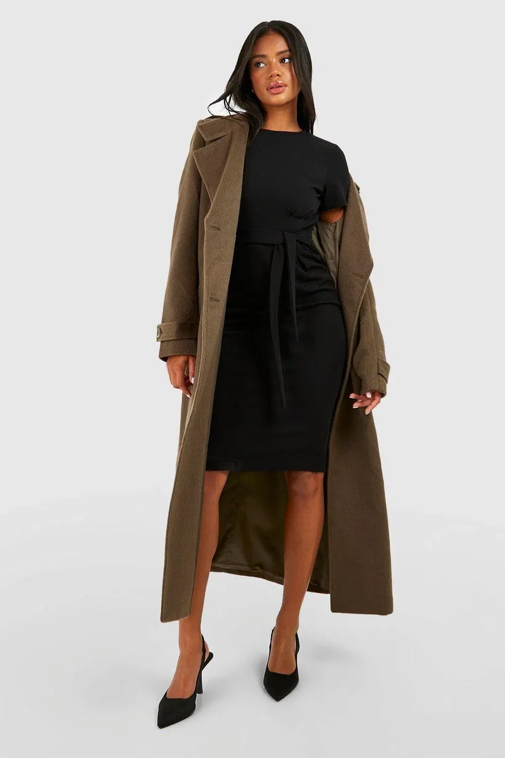 Jersey Crepe Pleat Front Belted Midi Dress