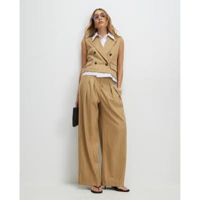 Beige Pinstripe Wide Leg Trousers