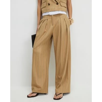Beige Pinstripe Wide Leg Trousers