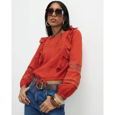Orange Long Sleeve Ruffle Blouse