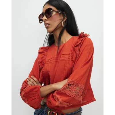Orange Long Sleeve Ruffle Blouse