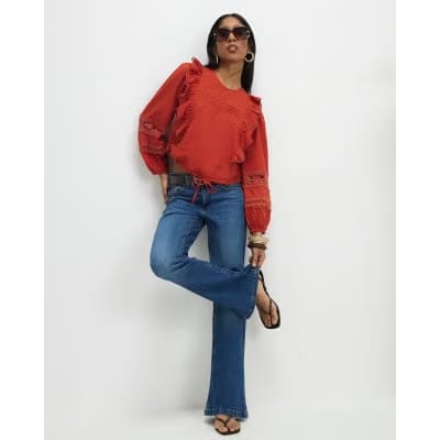 Orange Long Sleeve Ruffle Blouse