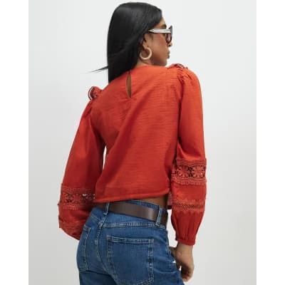 Orange Long Sleeve Ruffle Blouse