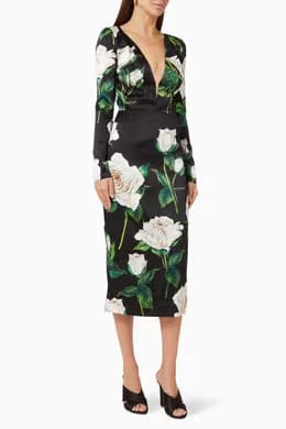 Rose Print Midi Dress in Silk Satin