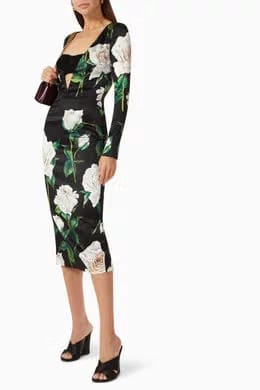 Rose Print Midi Dress in Silk Satin