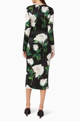 Rose Print Midi Dress in Silk Satin