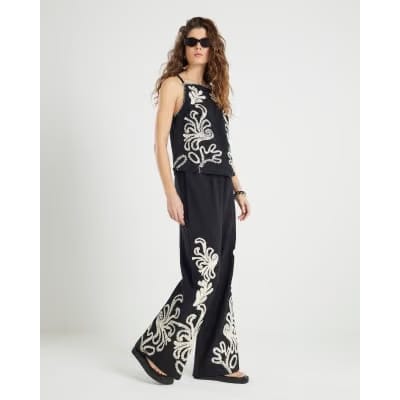 Black Broderie Wide Leg Trousers