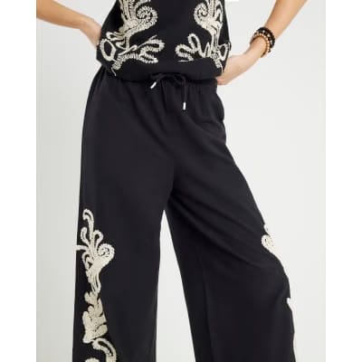 Black Broderie Wide Leg Trousers