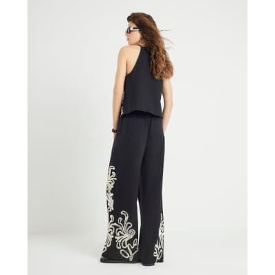Black Broderie Wide Leg Trousers