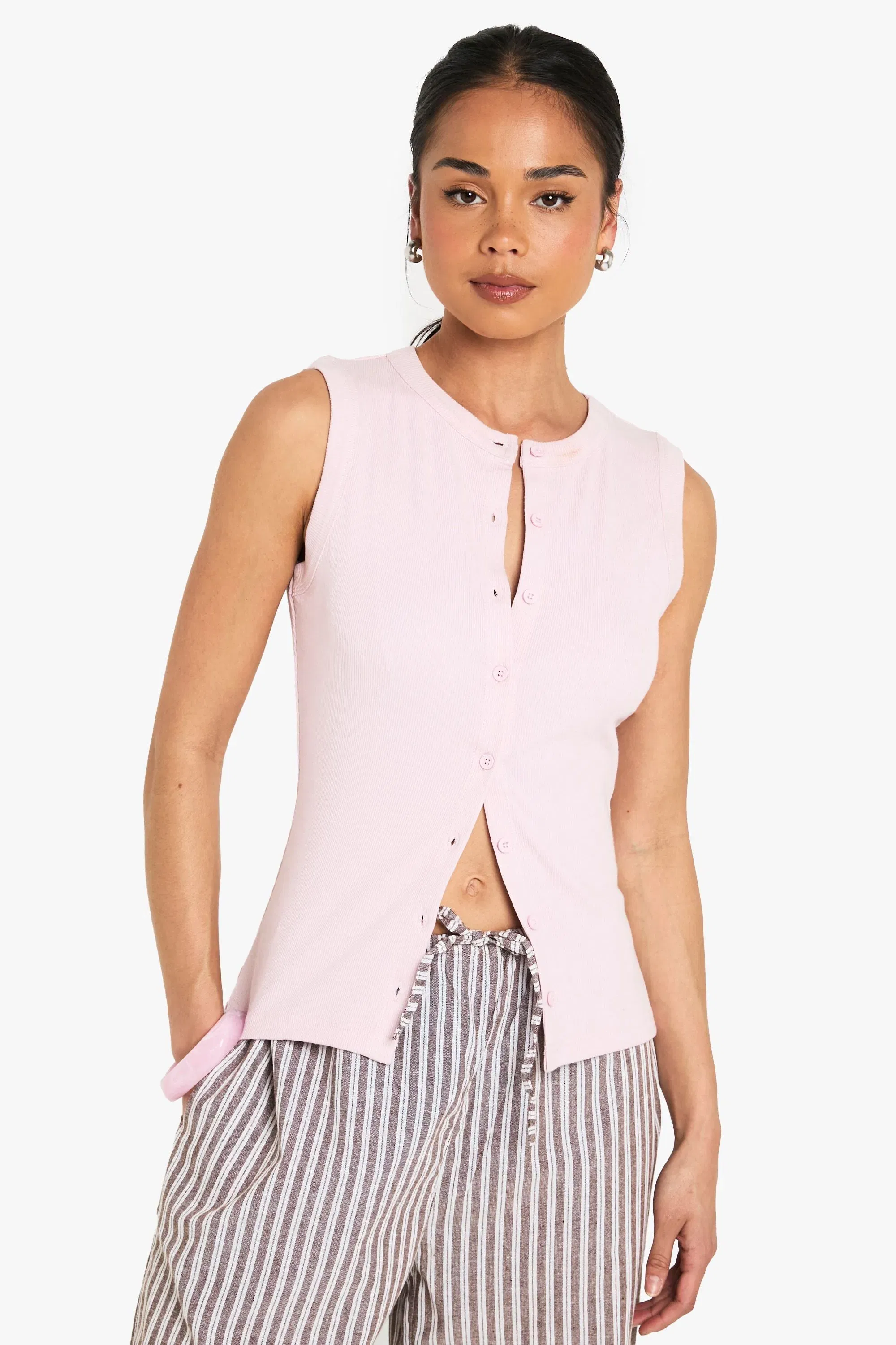 Ribbed Button Front Longline Top